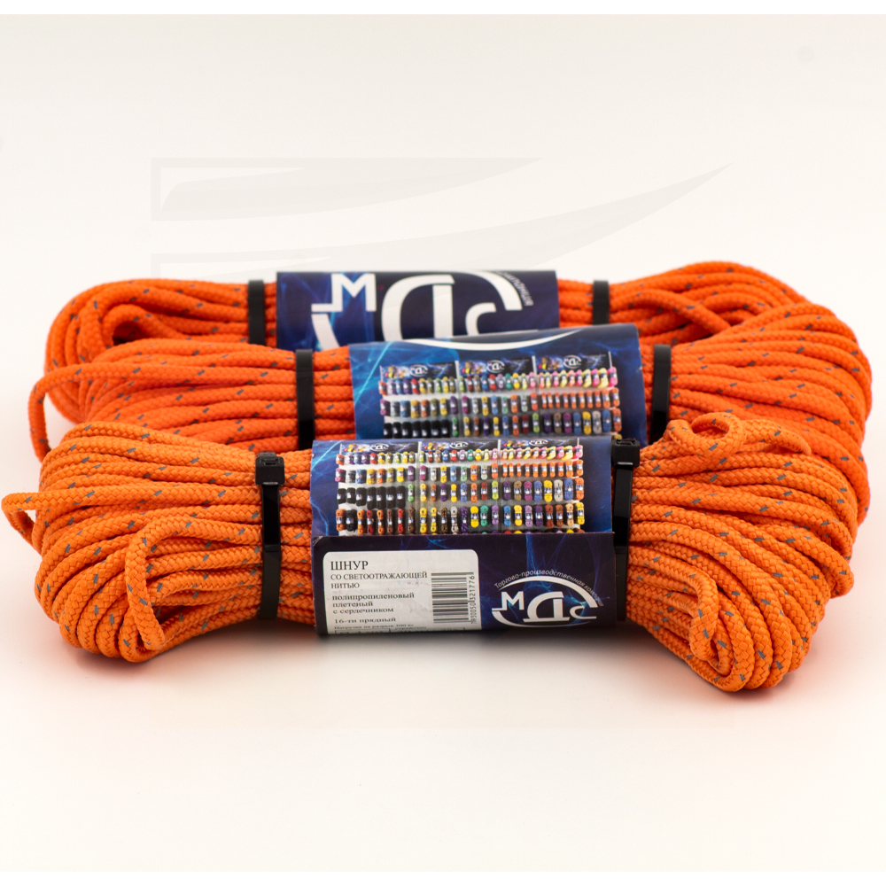 Канат полипропиленовый плетеный светоотражающий 4 мм 16 прядный 20м с сердцевиной МДС