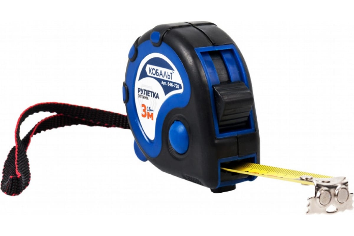 Рулетка 3м/16мм Оптима 2комп корпус (тройной стопор, магн.крючок, матов.покрытие) КОБАЛЬТ