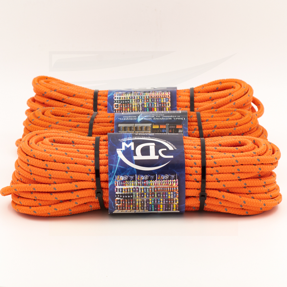 Канат полипропиленовый плетеный светоотражающий 8 мм 16 прядный 20 м с сердцевиной МДС